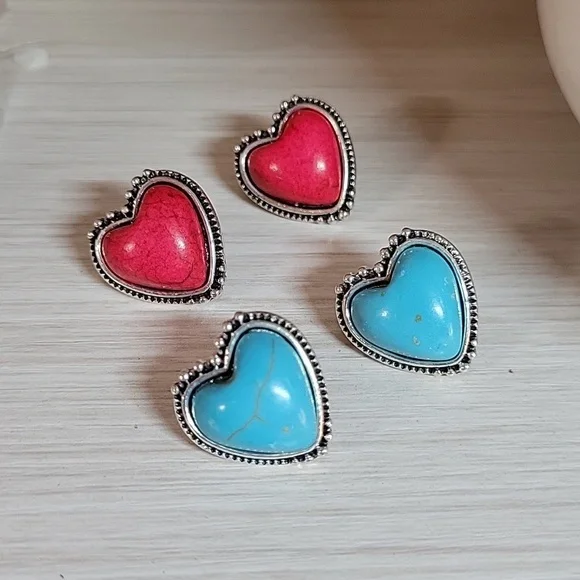WESTERN HOWLITE HEART EARRINGS, CHOICE OF COLOR - Picture 4 of 8